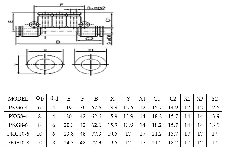 PKG Pneumatic Fitting Union Triple SIZE